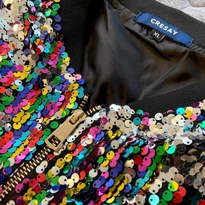 CRESAY Rainbow Sequin Bomber Jacket